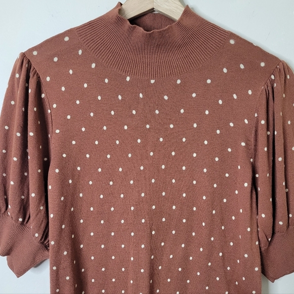 Halogen Polka Dot Sweater Puff Sleeve Twee Rust Ivory NEW - Picture 3 of 8